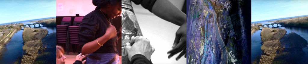 collage of:
 1. drone shot of blue river and bridge. 
2. detail of white woman kneeling to tie the back of black woman's skirt, gold bracelet. Background: church hall with stacked purple chairs.
 3. same again but black and withe photo and white hand is drawing on front of skirt, detail of drawing on skirt of river landscape from above using chalks and inks.
4. repeat of drone shot.