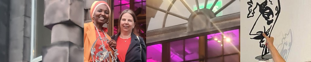 collage of:
1. detail  of grey stone block  pillars and window.
2. a black woman in shades of orange suit jacket and head dress holding a steel cut out trophy, standing shoulder to shoulder with an older white woman in flame coloured dress and black jacket, both grinning.
3.fanlight above door, magenta lights through glass and green rays,
4. plasma cut out steel trophy held aloft by white hand. represents self portrait drawing by John Byrne.