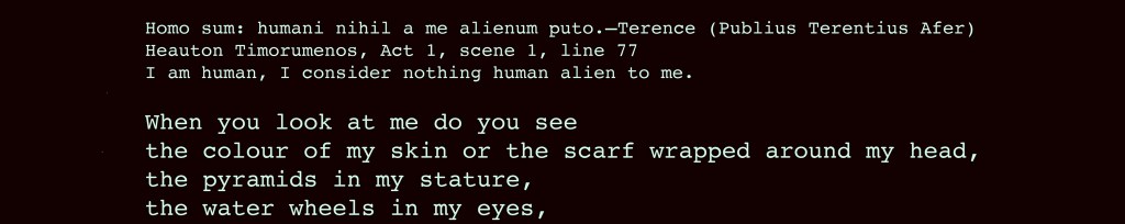 Printed text cream on black says:
Homo sum: humans nihil a me alienum puto.- Terence (Publius Terentius Afer) Heauton Timotumenos, Act 1, line 77
I am human, I consider nothing human alien to me. When you look at me do you see the colour of my skin or the scarf wrapped around my head, the pyramids in my stature, the water wheels in my eyes.