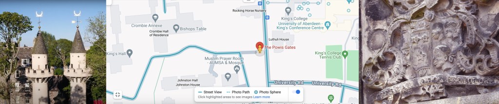 collaged image: twin turreted towers, google map of Old Aberdeen, detail of stone carved crest showing 3 headscarved, earringed heads.
